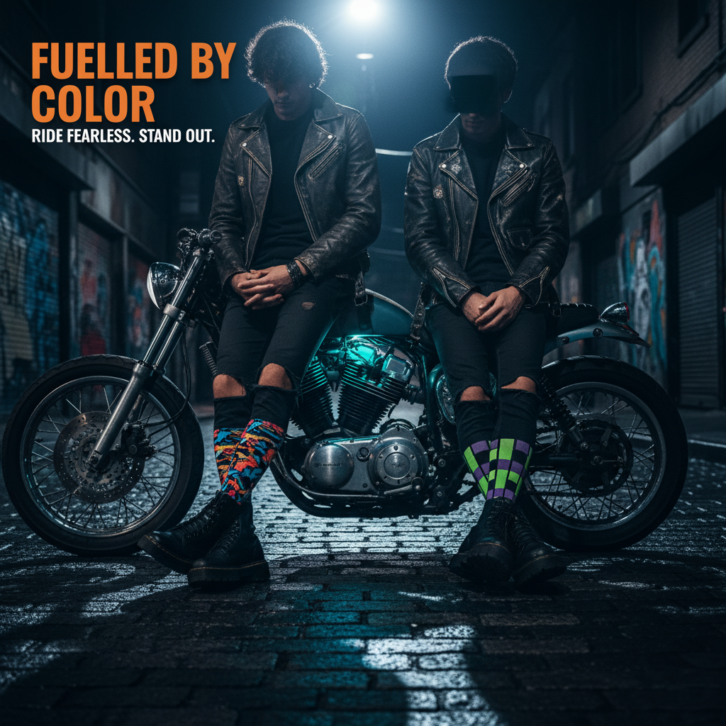 CreoSox Biker Collection: Motorcycle rider wearing durable and colorful socks designed for bikers and streetwear style.