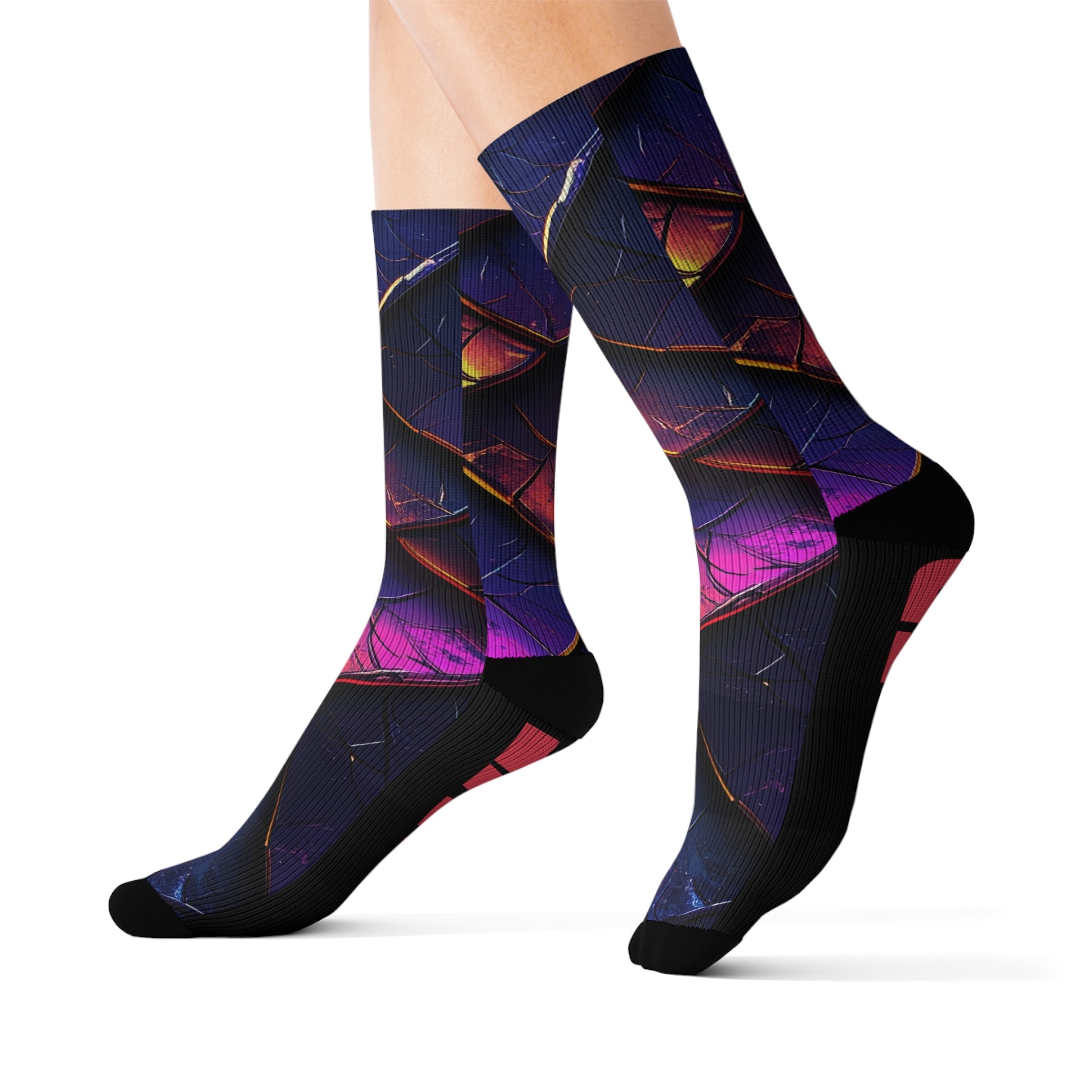 Futuristic Neon Crew Socks for Men Women Cyber Wave Techwear Gift | Bold Sci - Fi Geometric Pattern | Medium & Large Sizes - Creosox