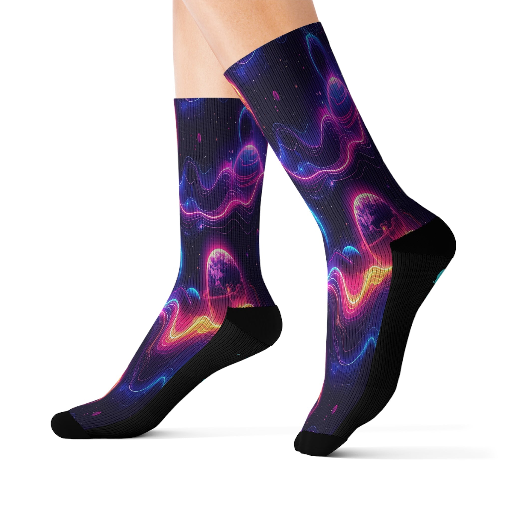 Galaxy Crew Socks Cosmic Energy Neon Space Wave Socks for Men Women | Futuristic Astral Gift, Bold Science Design - Creosox