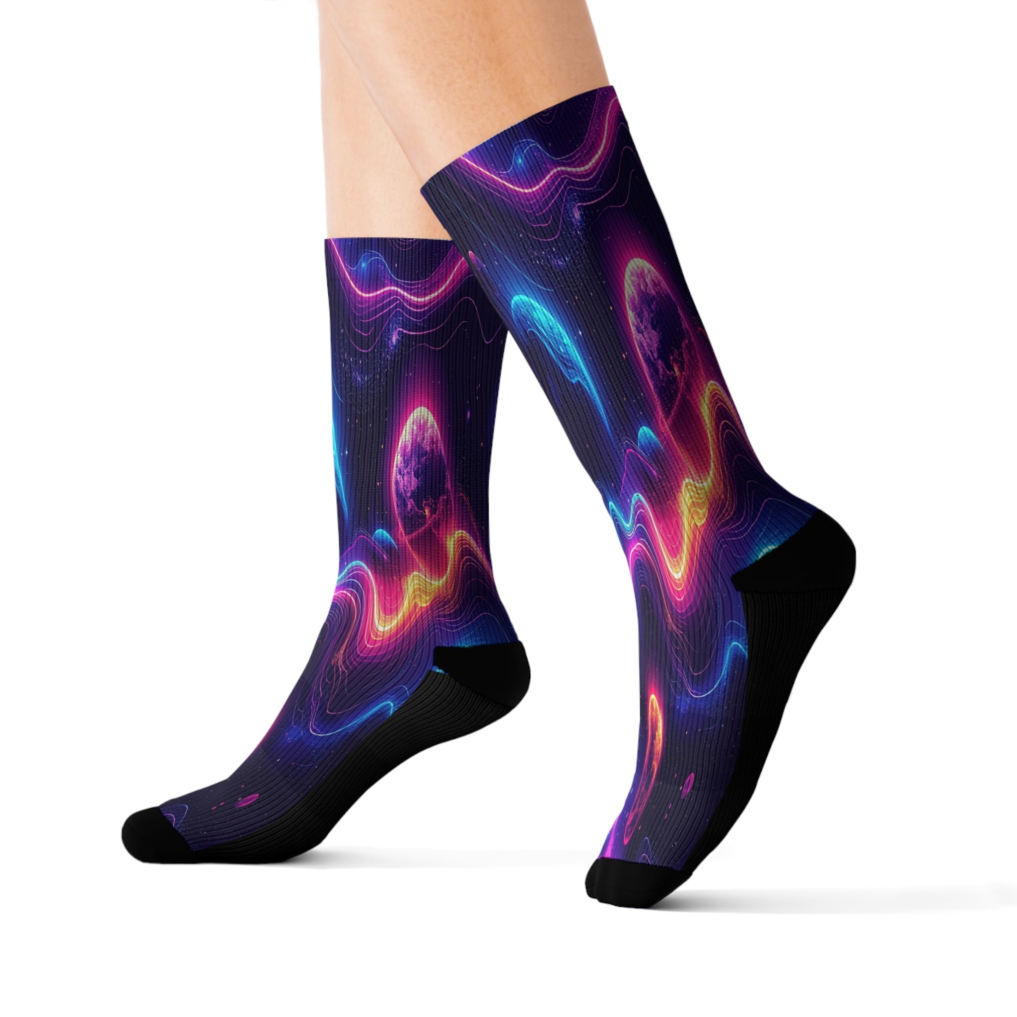 Galaxy Crew Socks Cosmic Energy Neon Space Wave Socks for Men Women | Futuristic Astral Gift, Bold Science Design - Creosox