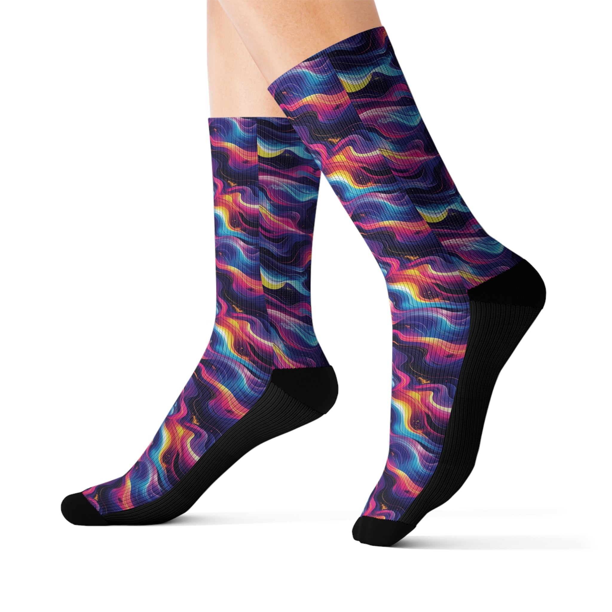 Neon Waves Crew Socks Abstract Fluid Streetwear for Men Women | Colorful Artistic Gift, Medium & Large Sizes - Creosox