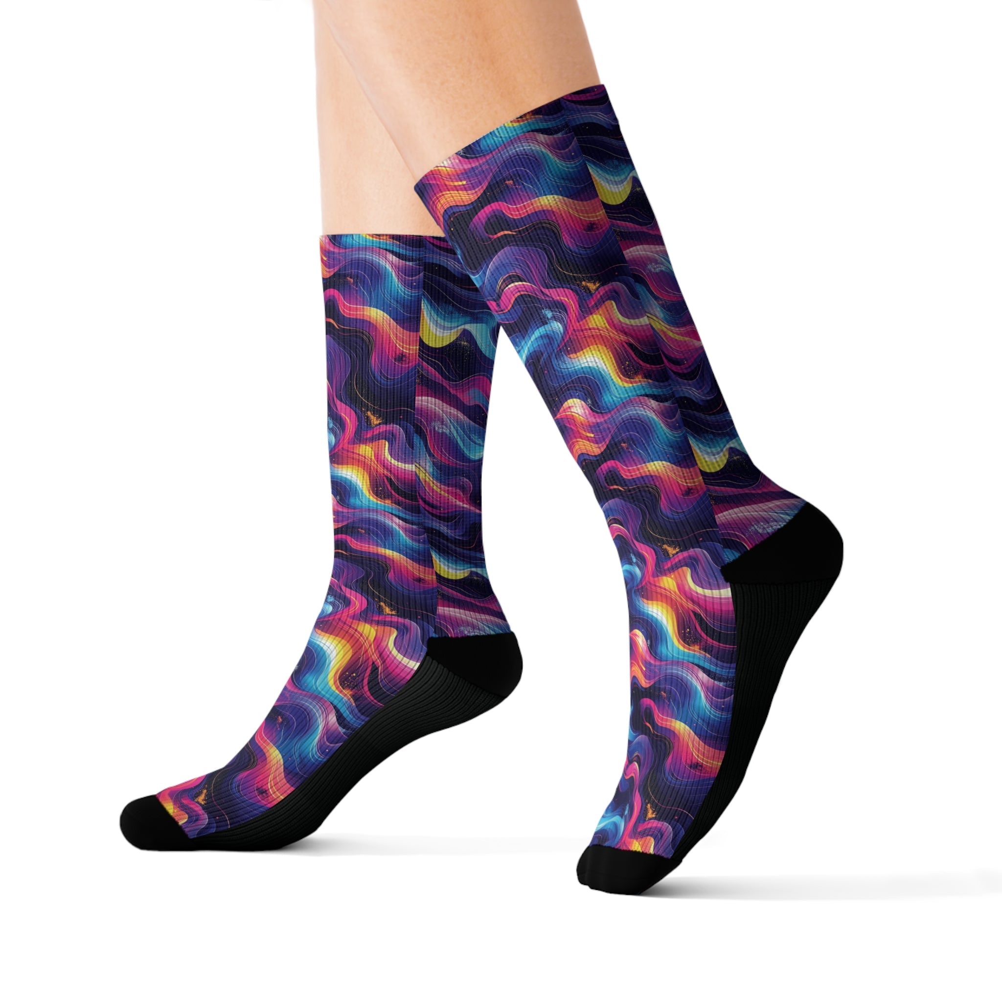 Neon Waves Crew Socks Abstract Fluid Streetwear for Men Women | Colorful Artistic Gift, Medium & Large Sizes - Creosox