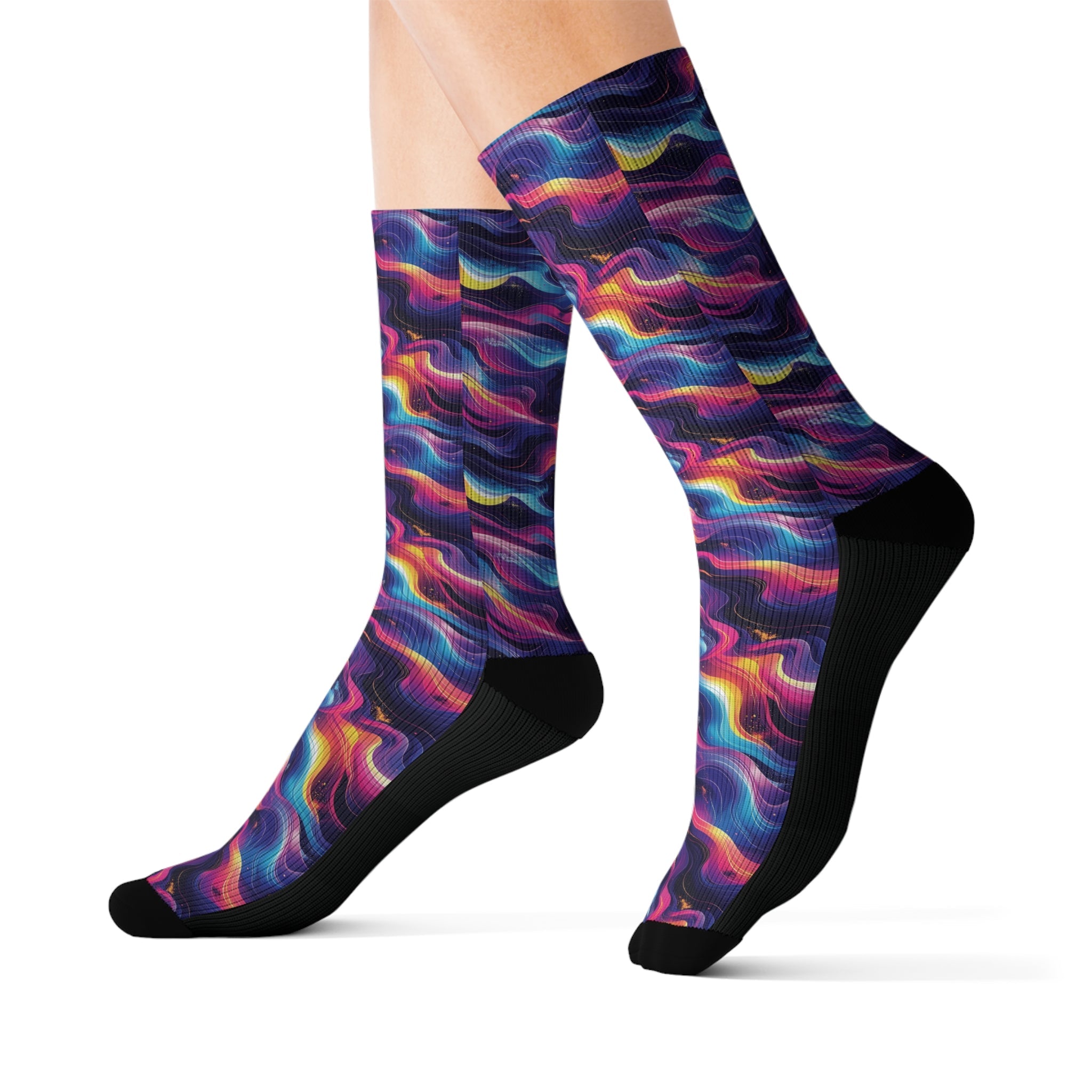 Neon Waves Crew Socks Abstract Fluid Streetwear for Men Women | Colorful Artistic Gift, Medium & Large Sizes - Creosox