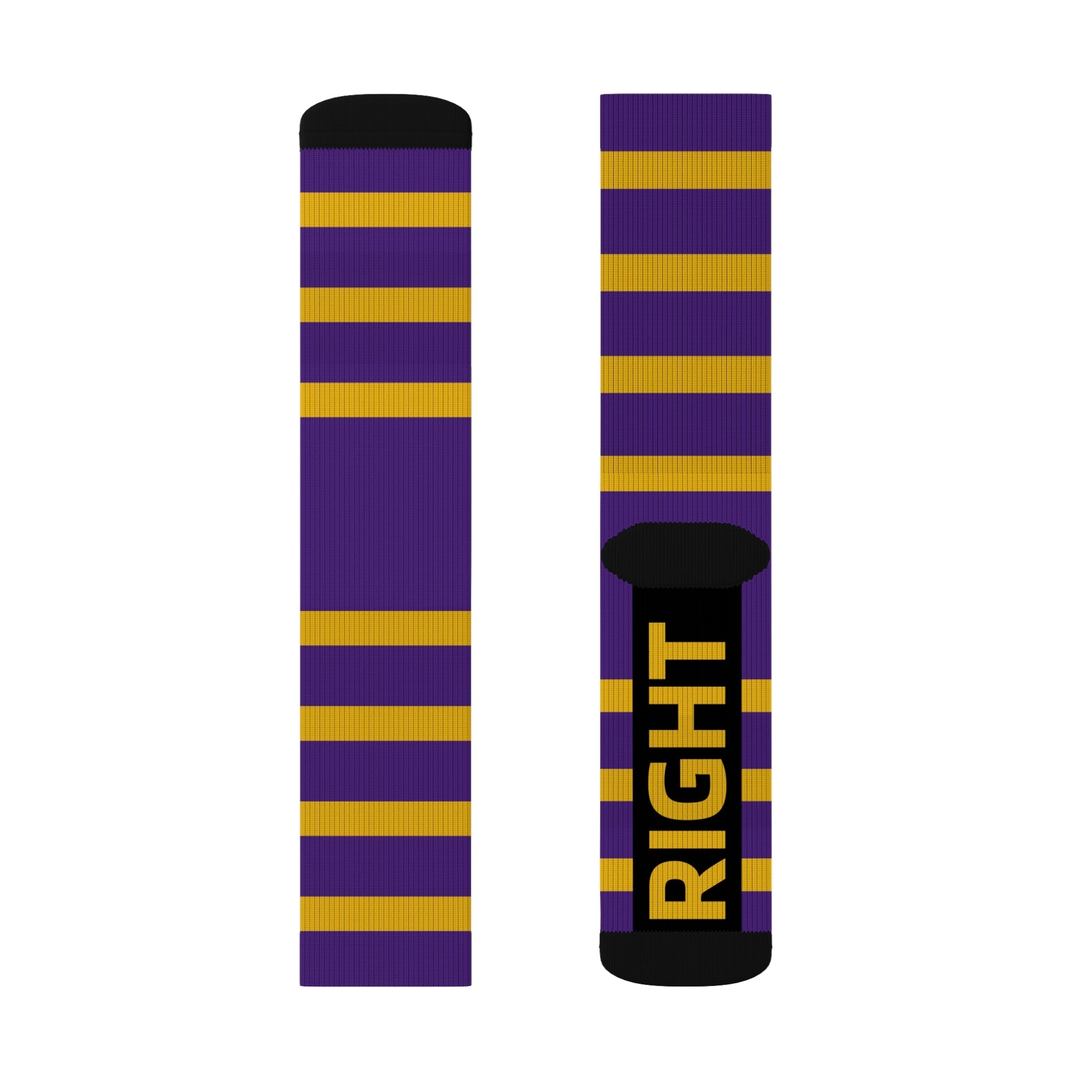 Purple and Gold Striped Socks, Unisex Crew Socks, School Spirit Wear, College Team Fan Gear, Game Day Outfit, Sporty Gift for Him - HoopSox