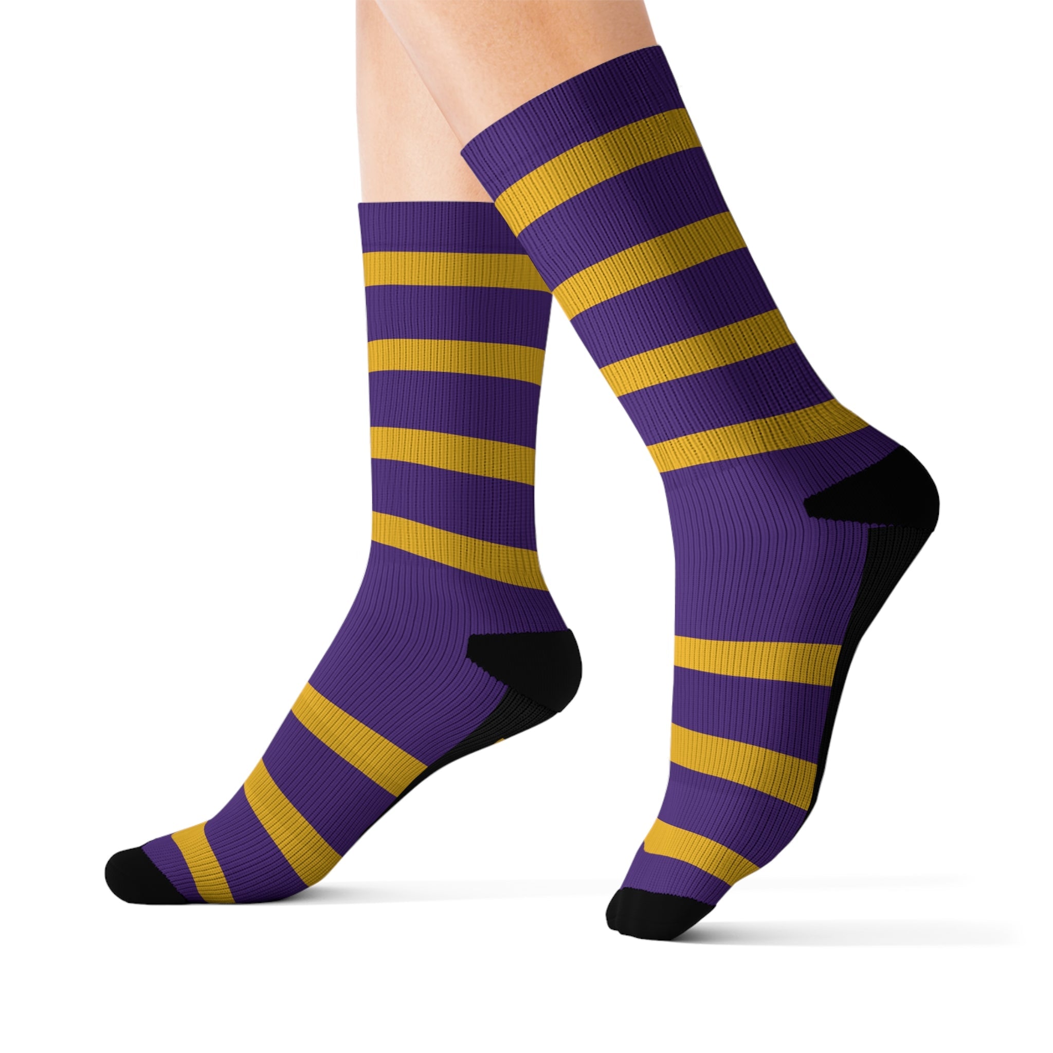 Purple and Gold Striped Socks, Unisex Crew Socks, School Spirit Wear, College Team Fan Gear, Game Day Outfit, Sporty Gift for Him - HoopSox