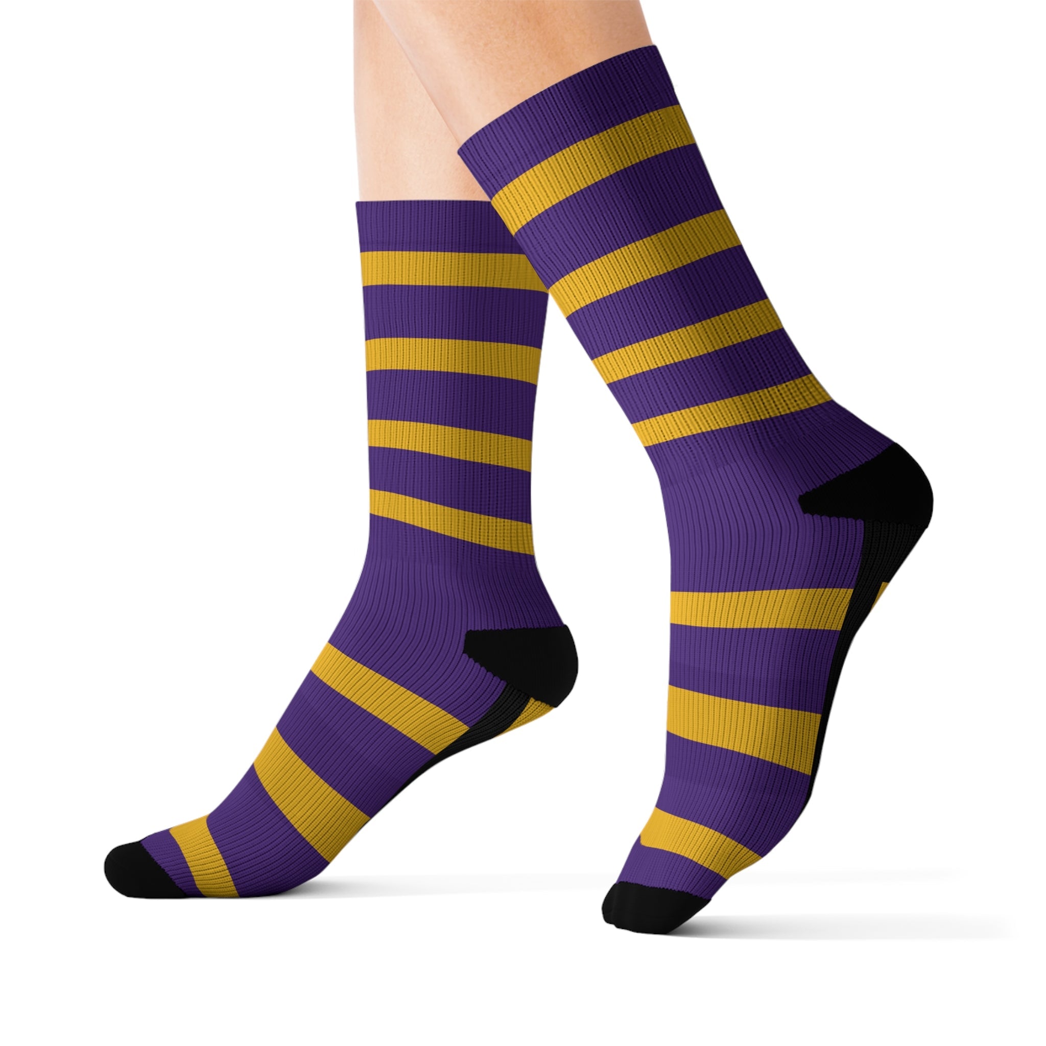 Purple and Gold Striped Socks, Unisex Crew Socks, School Spirit Wear, College Team Fan Gear, Game Day Outfit, Sporty Gift for Him - HoopSox