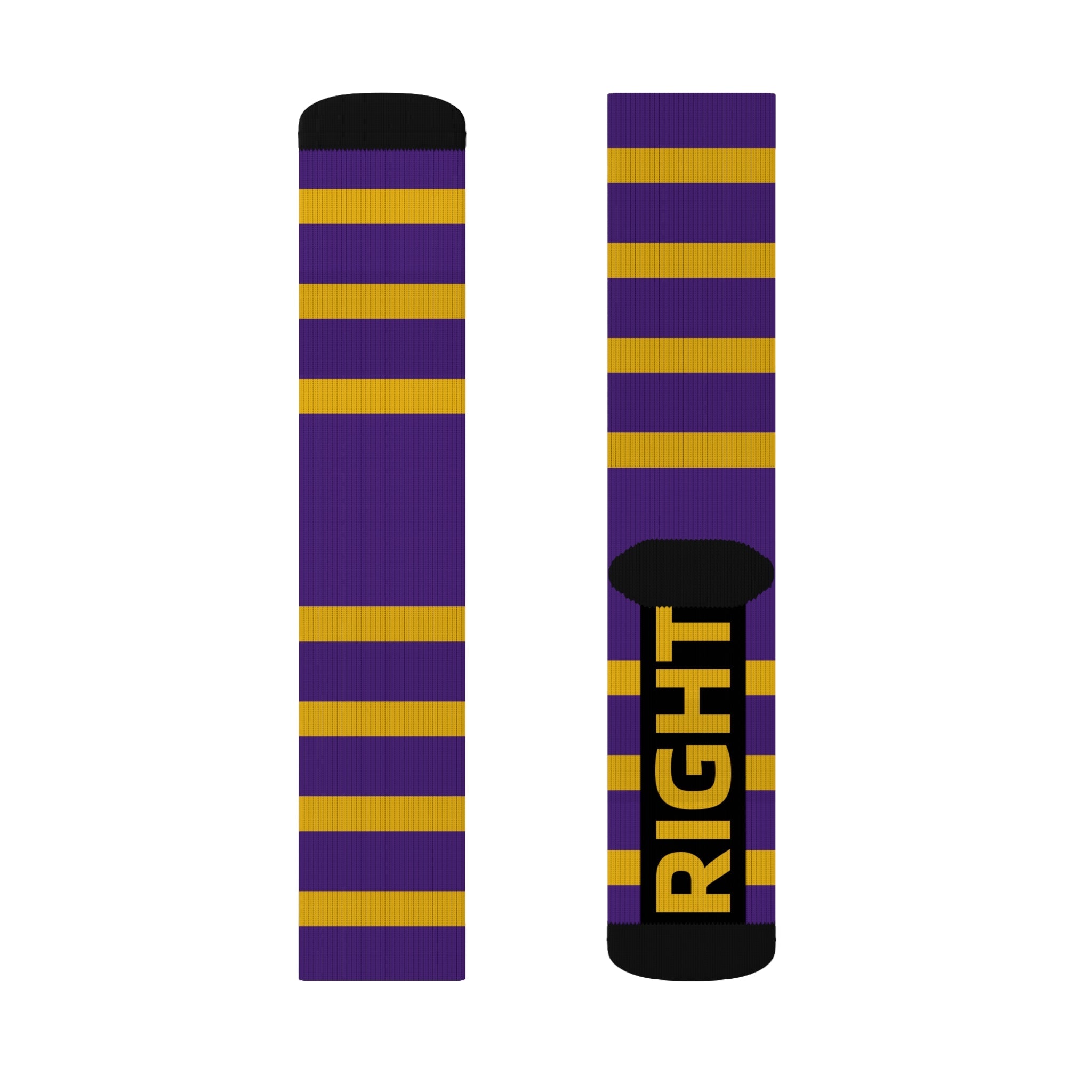 Purple and Gold Striped Socks, Unisex Crew Socks, School Spirit Wear, College Team Fan Gear, Game Day Outfit, Sporty Gift for Him - HoopSox