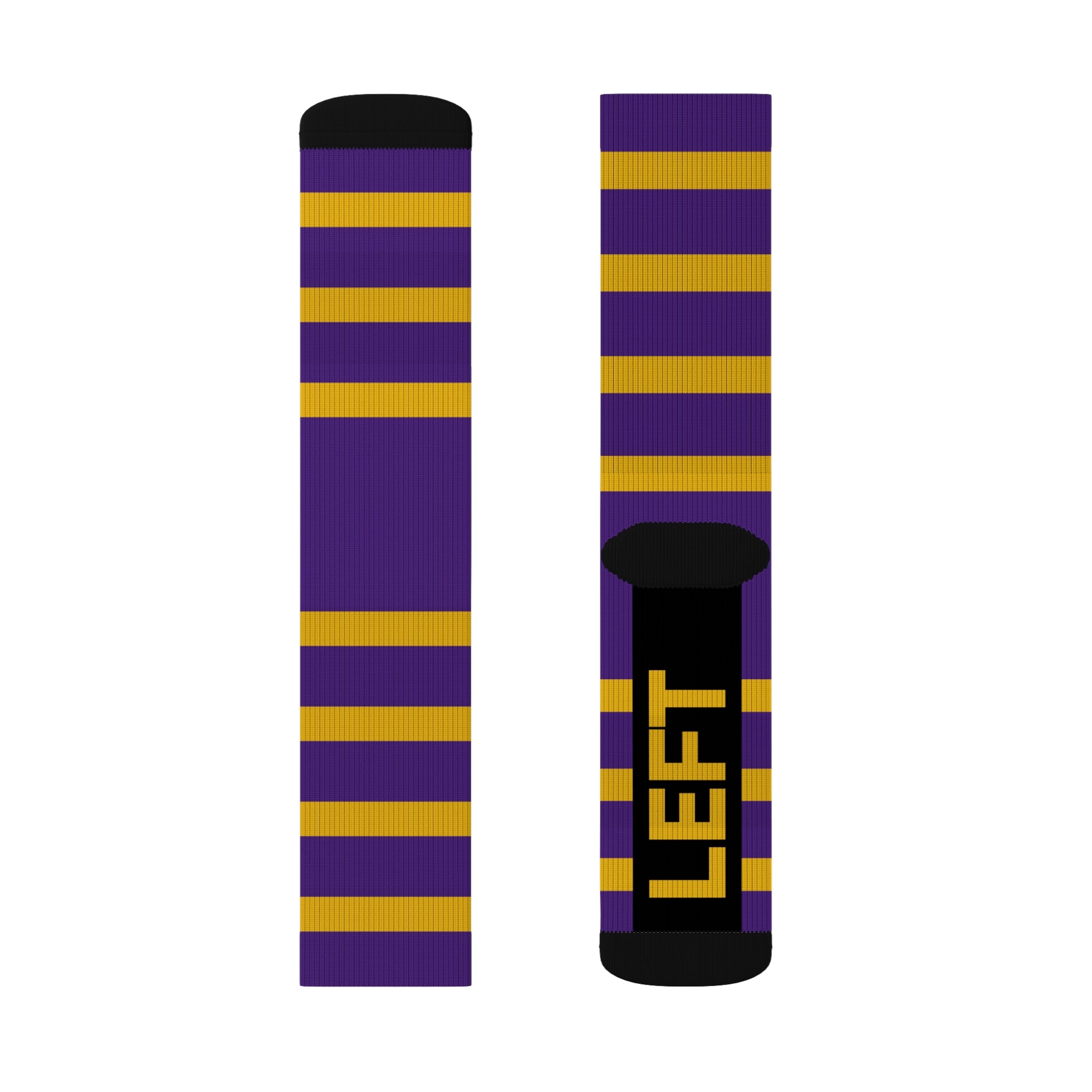 Purple and Gold Striped Socks, Unisex Crew Socks, School Spirit Wear, College Team Fan Gear, Game Day Outfit, Sporty Gift for Him - HoopSox