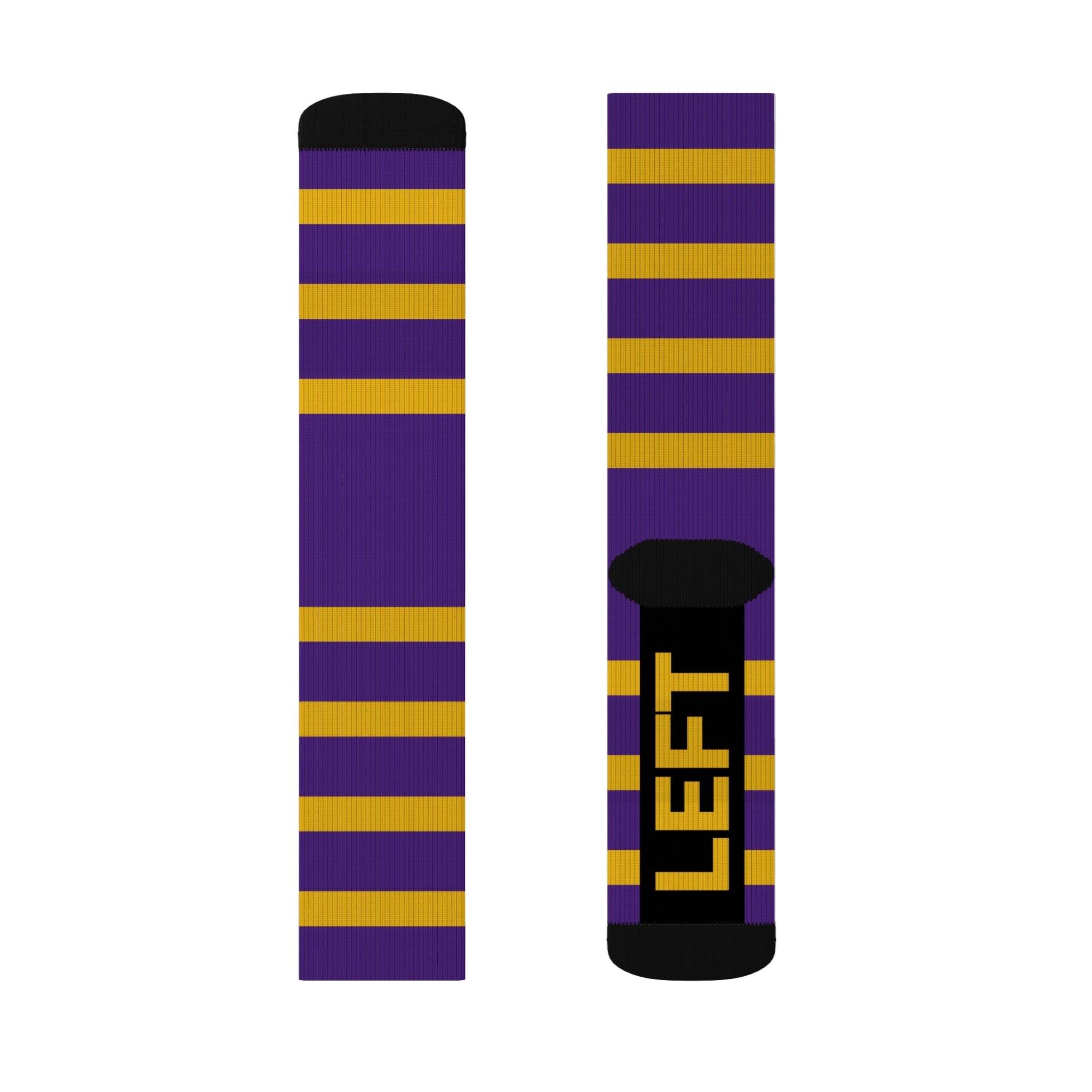 Purple and Gold Striped Socks, Unisex Crew Socks, School Spirit Wear, College Team Fan Gear, Game Day Outfit, Sporty Gift for Him - HoopSox