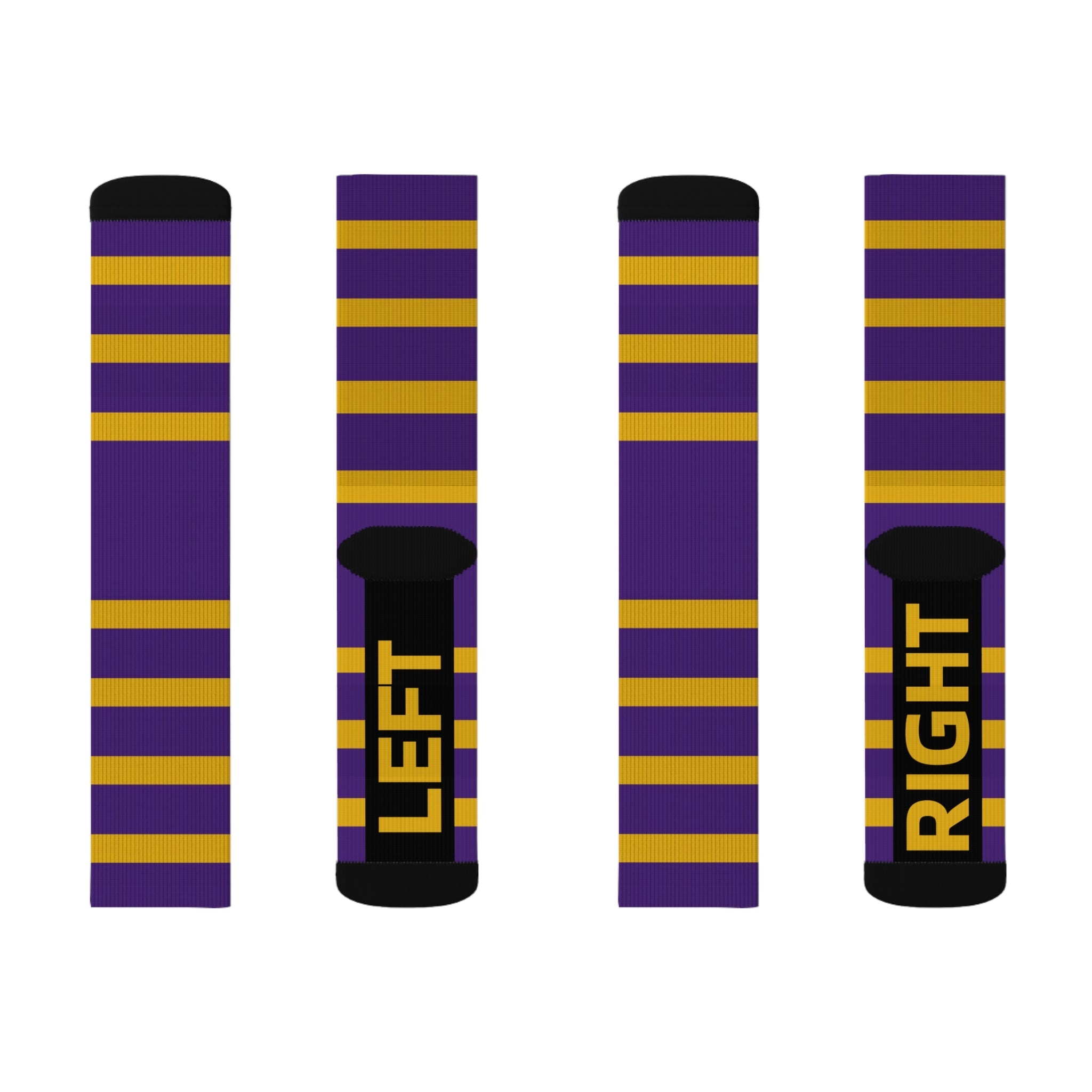 Purple and Gold Striped Socks, Unisex Crew Socks, School Spirit Wear, College Team Fan Gear, Game Day Outfit, Sporty Gift for Him - HoopSox