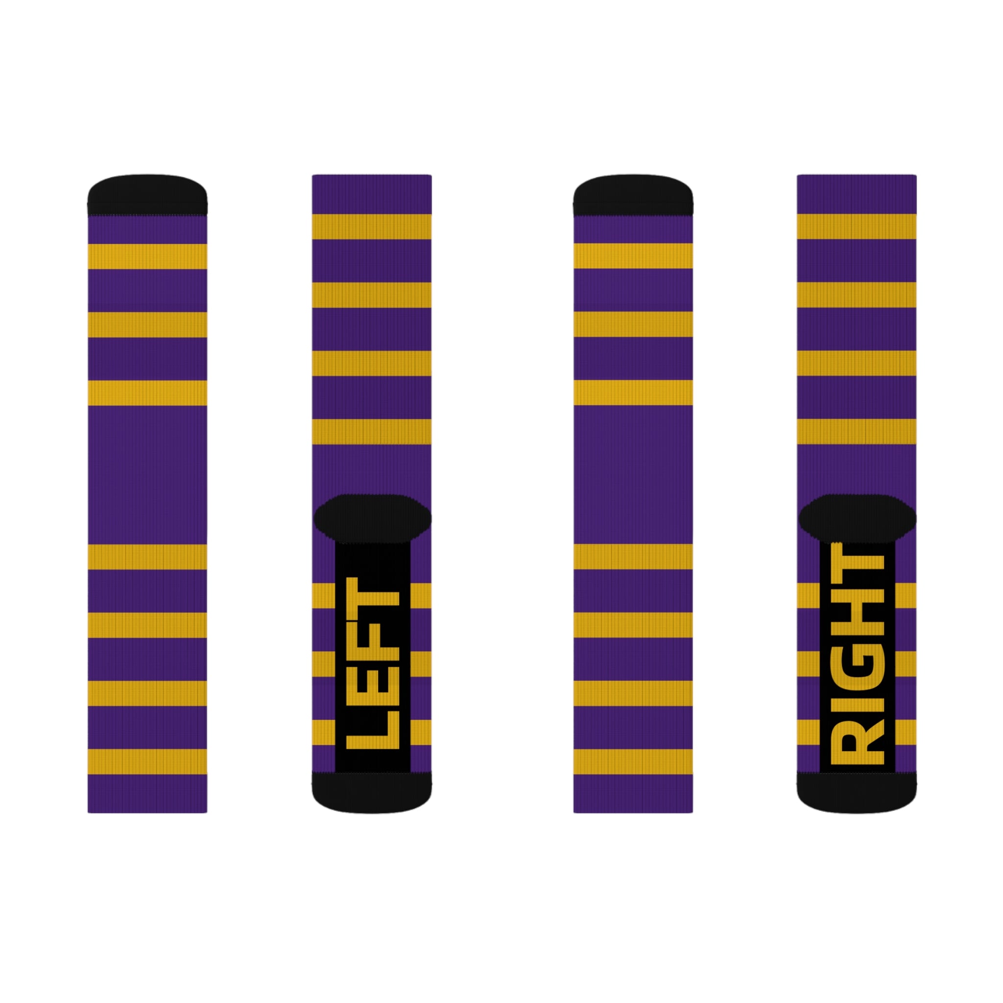 Purple and Gold Striped Socks, Unisex Crew Socks, School Spirit Wear, College Team Fan Gear, Game Day Outfit, Sporty Gift for Him - HoopSox