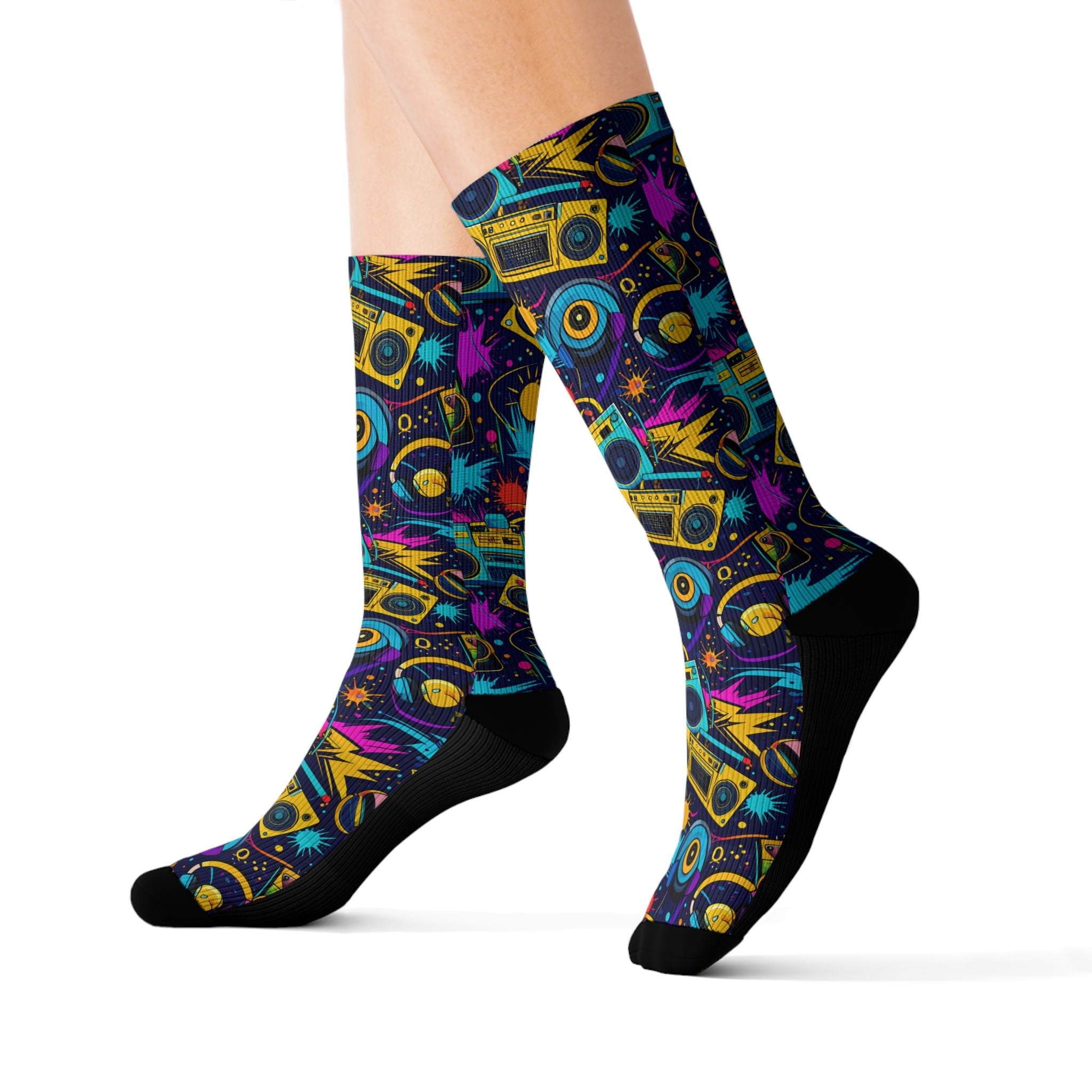 Retro Beat Crew Socks 80s Boombox Streetwear for Men Women | Colorful Music Gift, Medium & Large Sizes - Creosox