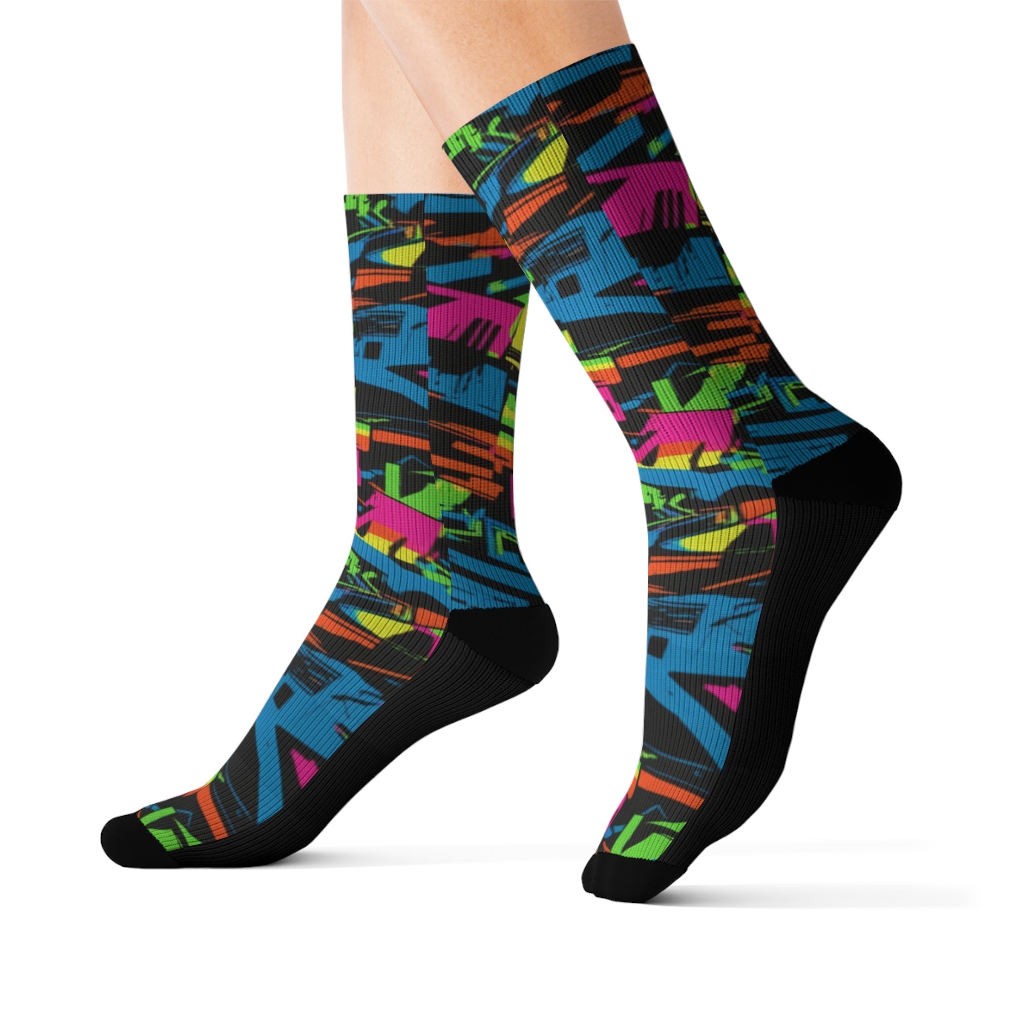 Retro Neon Crew Socks 90s Geometric Streetwear Style for Men & Women | Bold Colorful Gift, Medium Large Sizes - Creosox