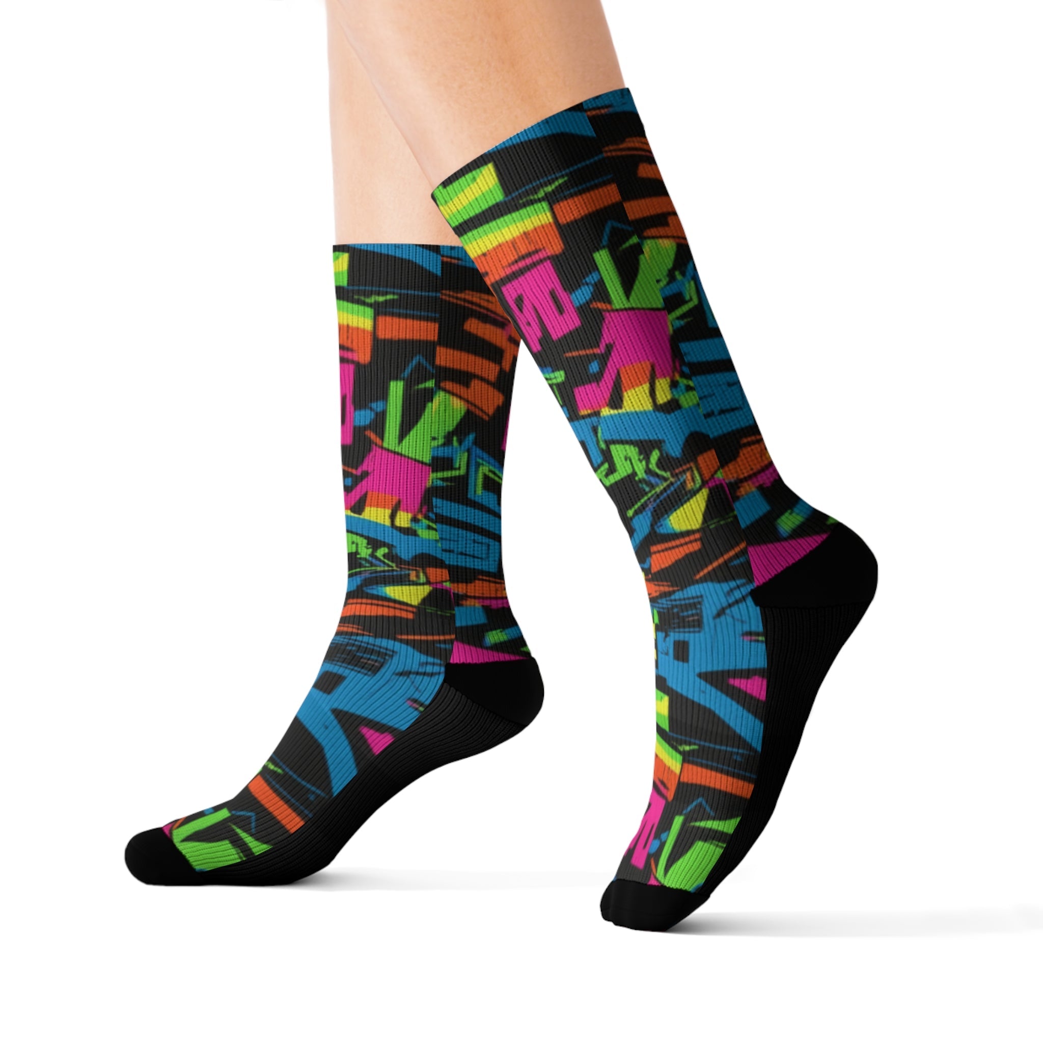 Retro Neon Crew Socks 90s Geometric Streetwear Style for Men & Women | Bold Colorful Gift, Medium Large Sizes - Creosox