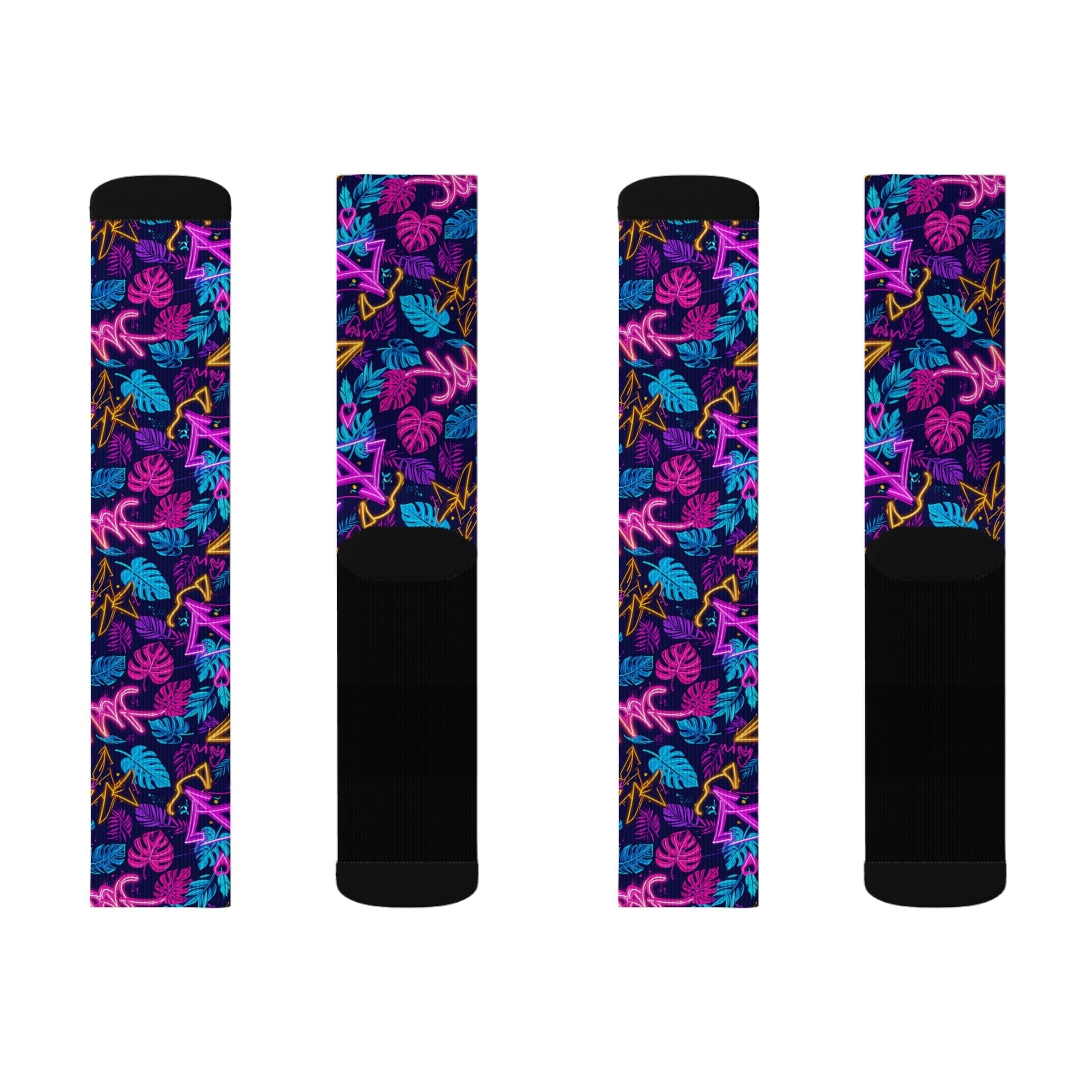 Tropical Neon Crew Socks Colorful Miami Streetwear for Men Women | Bold Summer Gift, Medium & Large Sizes - Creosox