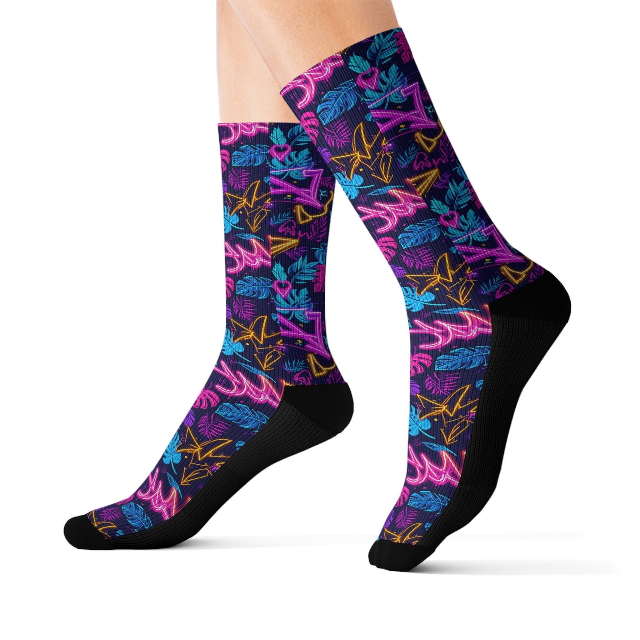 Tropical Neon Crew Socks Colorful Miami Streetwear for Men Women | Bold Summer Gift, Medium & Large Sizes - Creosox